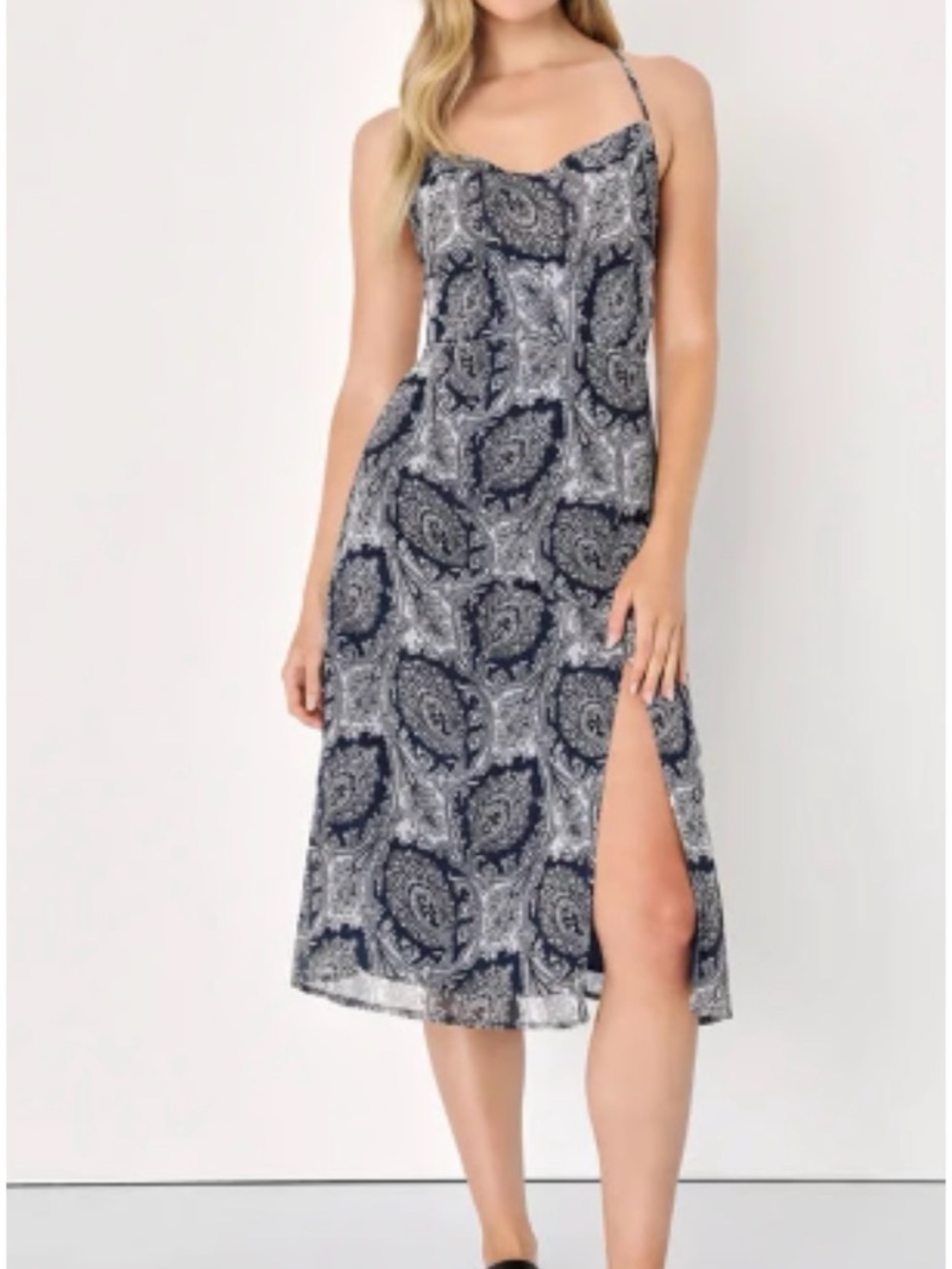 Lulus size small Navy Paisley Slip Midi Dress with Side Slit
